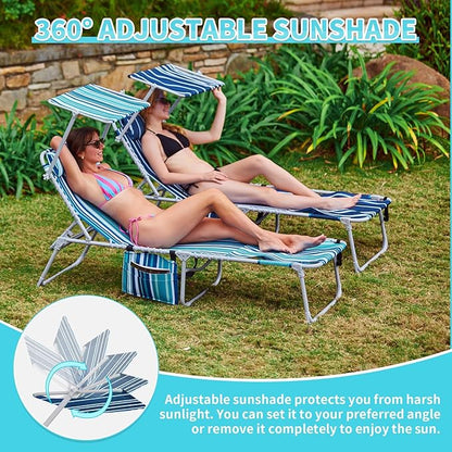 #WEJOY 3 in 1 Tanning Chair with Face Hole & Canopy, 300 lbs Heavy Duty 5 Positions Folding Face Down Lounge Chairs Outdoor with Pillow & Storage Bag Portable for Pool Beach Lawn Camping (Bluestrips)