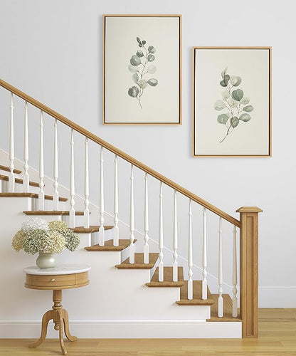 Kate and Laurel Sylvie Eucalyptus 4a & Eucalyptus 4b Framed Canvas Wall Art Set By Maja Mitrovic of Makes My Day Happy, 2 Piece 23x33 Natural, Simple Neutral Botanical Art Wall Décor