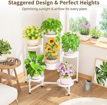 LASZOLA 6 Tiered Folding Tall Plant Stand Indoor for Multiple Large Planter, Heavy Duty Metal Adjustable Flower Rack for Narrow Corner, Sturdy Vertical Spiral Shelving Holder for Modern House, White