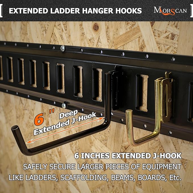 4-Pack 6" E-Track Extended Flat J Hooks, Heavy Duty E Track Ladder Hooks, Black Steel E System Tie Down Accessories for Box Truck, Enclosed Trailer, Garage, Vans, Warehouse, Workshop