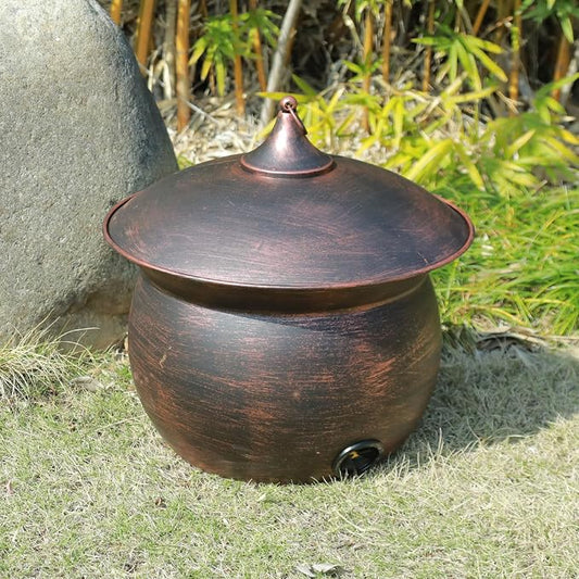 Metal Garden Hose Storage Pot, Vintage Copper Finish Hose Holder with Lid, Heavy-Duty Outdoor Water Hose Container for Patio/Yard/Lawn Decor