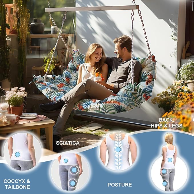 Outdoor Swing Cushions 3 Seater Waterproof, Replacement Bench Cushions for Outdoor Patio Furniture with Backrest, Porch Swing Cushion with Ties for Lawn and Garden (Summer, 40x60in)