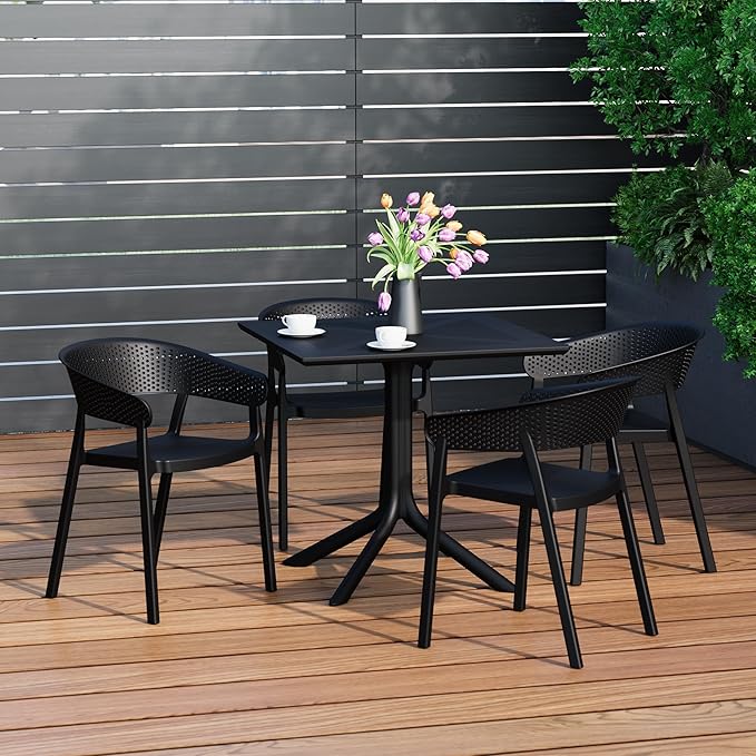 Costaelm Table Chairs Set of 4, HDPE Patio Square Dining Table and Stackable Chairs, Outdoor Small Patio Furniture Set All Weather for Backyard Porch Poolside, Black