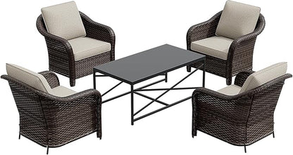 5 Pieces Outdoor Patio Conversation Furniture Set with Removable Covers, All-Weather PE Rattan, 4 Steel Frame Wicker Chairs with Cushions, 47" Metal Coffee Table for Yard (Beige)