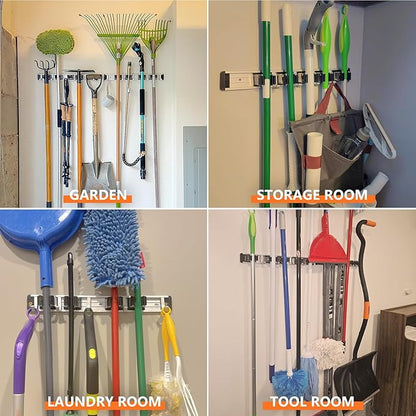 reliahom Broom Holder Wall Mount, 5 Racks with 4 Hooks Black - Mop Storage Tool Racks, Broom Hanger Tool Organizer for Garage, Kitchen, Garden, Laundry Room