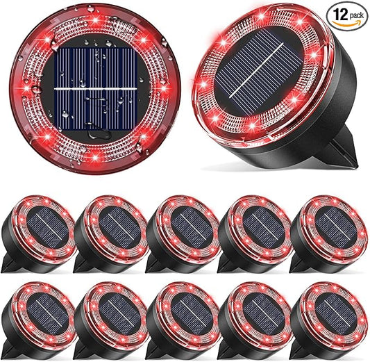 Mini Solar Ground Lights, 12 Pack Solar Lights Outdoor Waterproof, Upgraded LED Flat Landscape Lighting for Outside Pathway Garden Patio Yard Driveway,Red