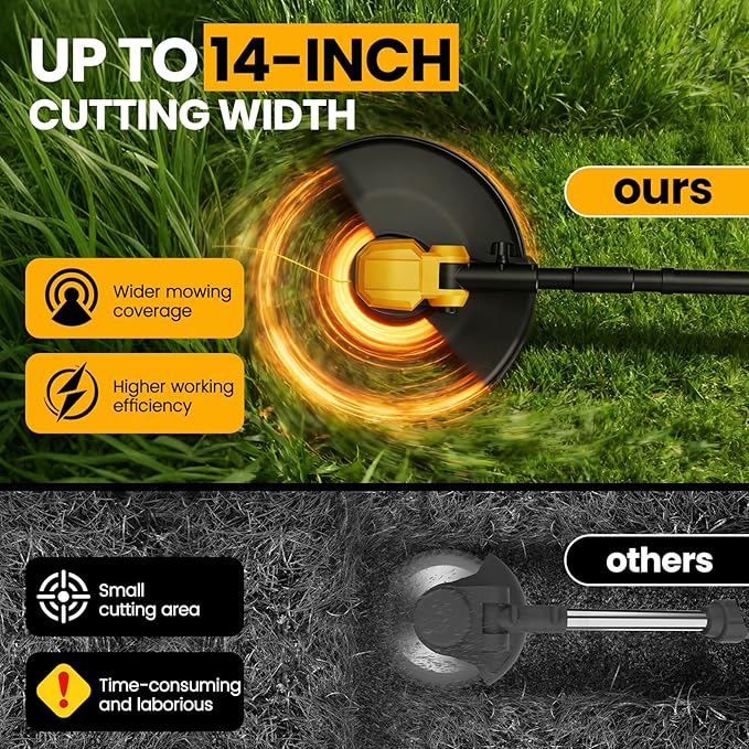 Cordless String Trimmer with Wheels, 14-Inch 2x3.0Ah 21V Battery Powered Weed Eater, Electric Lawn Mower Weed Wacker, Brush Cutter Grass Trimmer for Garden Yard