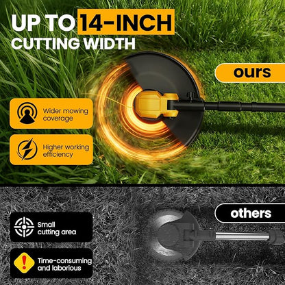 Cordless String Trimmer with Wheels, 14-Inch 2x3.0Ah 21V Battery Powered Weed Eater, Electric Lawn Mower Weed Wacker, Brush Cutter Grass Trimmer for Garden Yard