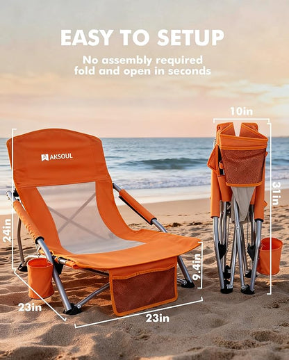 AKSOUL Folding Beach Chair for Adults: Low/High Back Chairs with Carry Bag - Extra Wide Seat Chair with Comfortable Pillow & Storage Pocket (1 Pack & 2 Pack, Blue)