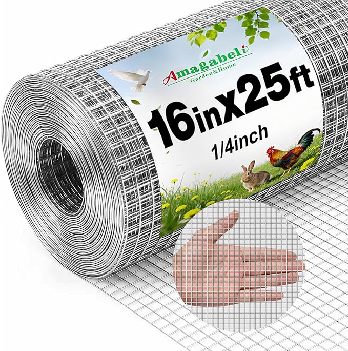 AMAGABELI GARDEN & HOME Hardware Cloth 1/4 inch 16inx25ft Galvanized After Welding 23 Gauge Square Chicken Wire Fence Mesh Roll Raised Garden Bed Plant Supports Poultry Netting Cage Snake Fence