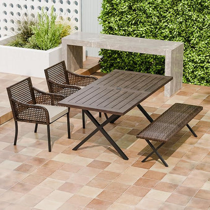 COOS BAY Echo Vibe Patio Dining Set for 4 with 2 Chairs, a Bench and a Table, 4 Piece Outdoor Dining Set, Brown/Beige