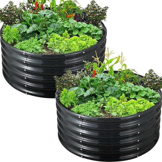 FORTUNO 2 Pcs 17" Tall 4 Ft Round Raised Garden Bed Box Galvanized Metal Outdoor High Flower Bed Steel Patio Ground Planter for Planting Vegetables and Herbs, Dark Grey
