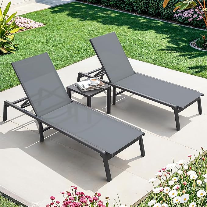 ONBRILL Aluminum Chaise Lounge Chair Outdoor, Foldable & Assembly Free Outdoor Lounge Chair with 5 Position Adjustable Backrest, Patio Pool Lounge Chairs for Outside Poolside Beach Lawn, 1PC, Grey