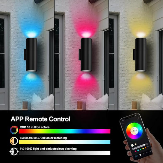 Smart RGBCW Up and Down Outdoor Wall Lights 120W, Dual Beam LED Wall Sconce with App & RF Control, 2700K-6500K Adjustable White, Color Changing Dimmable Exterior Light for Porch, Patio, Garage