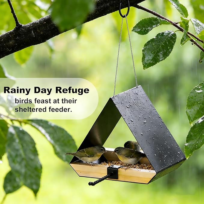 HOSUN Black Sturdy Metal Roof Bird Feeder - Durable Outdoor Hanging, Easy to Clean, Metal Mesh Ventilated, Bird Watching Gift & Garden Decor for Cardinals, Bluebirds & Wild Birds