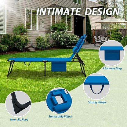 400lbs Tanning Chair with Face Hole, 5-Position Folding Chaise Lounge Chair with Side Pockets, Portable Beach Lounge Chair for Outdoor Sunbathing Patio Pool Lawn, Blue