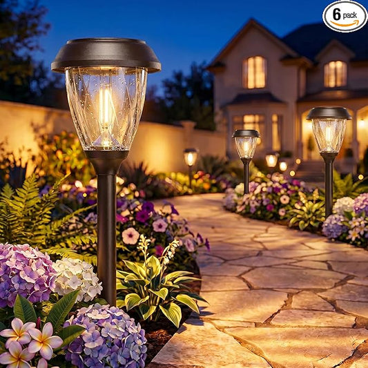 XMCOSY+ Solar Lights Pathway Outdoor - 2 LED Modes 10/25 LM Solar Powered Yard Garden Lighting, Waterproof IP65 Glass Stainless Steel Landscape Lights for Driveway Walkway Sidewalk Decor (Warm White)