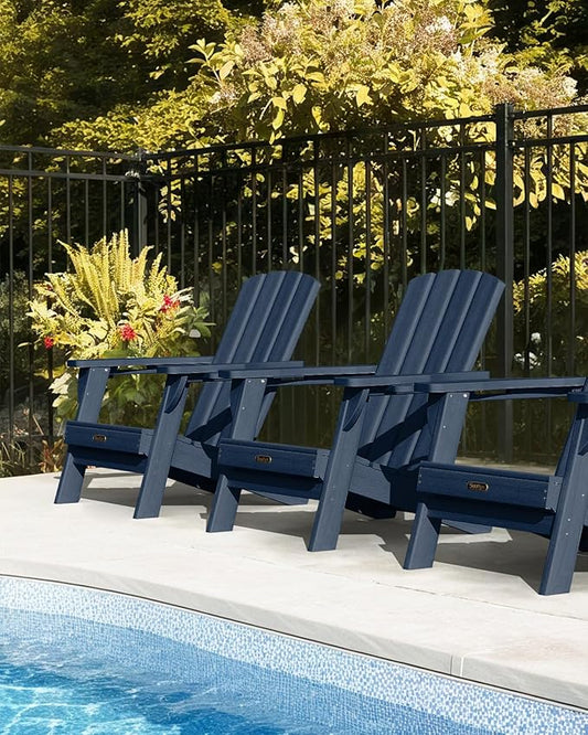 Folding Adirondack Chair 1 Pack, HDPE All-Weather Fire Pit Chairs, Plastic Adirondack Chairs with 2 Cup Holder, Outdoor Lawn Chair for Patio Garden (Navy Blue)