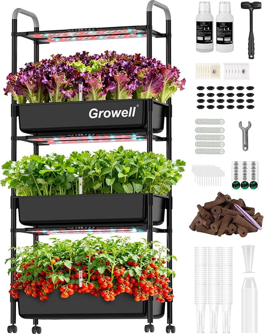 Large Hydroponics Growing System Kit, Vertical Indoor Herb Garden Kit with LED Grow Light & Independent Water Pump, 42L Movable Indoor Planter Perfect Gardening Gifts (3 Tier-81 Pods, Black)