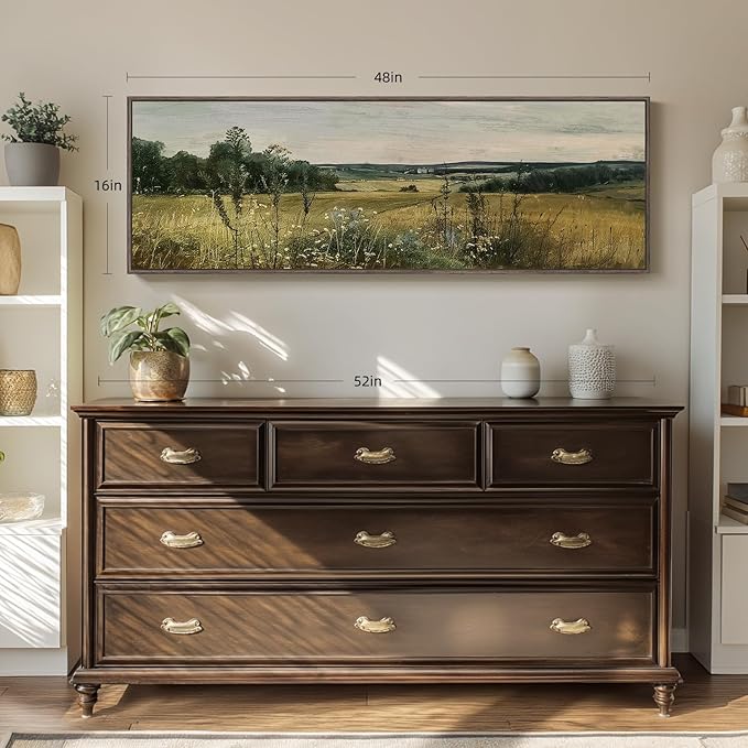Extra Large Framed Landscape Rustic Wall Art for Living Room, Vintage Scenery Canvas Artwork Prints, Countryside Vast Field Grassland Picture Farmhouse Country Painting for Bedroom Decor 16x48 Inch