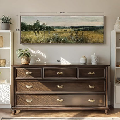 Extra Large Framed Landscape Rustic Wall Art for Living Room, Vintage Scenery Canvas Artwork Prints, Countryside Vast Field Grassland Picture Farmhouse Country Painting for Bedroom Decor 16x48 Inch