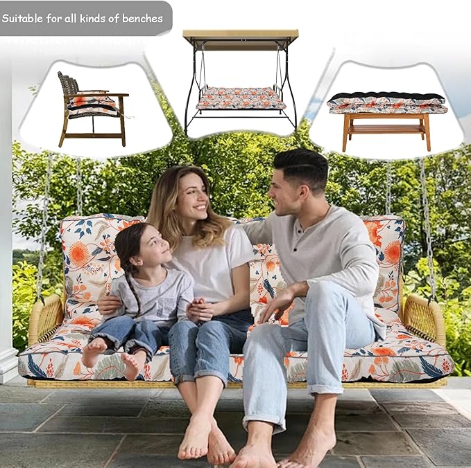 Porch Swing Cushion Three Seat, Waterproof Swing Cushions Replacement with Backrest, Outdoor Garden Furniture Patio 4" Thickened Cushions with Ties (‌Autumn Warmth‌, 40 x 63in)
