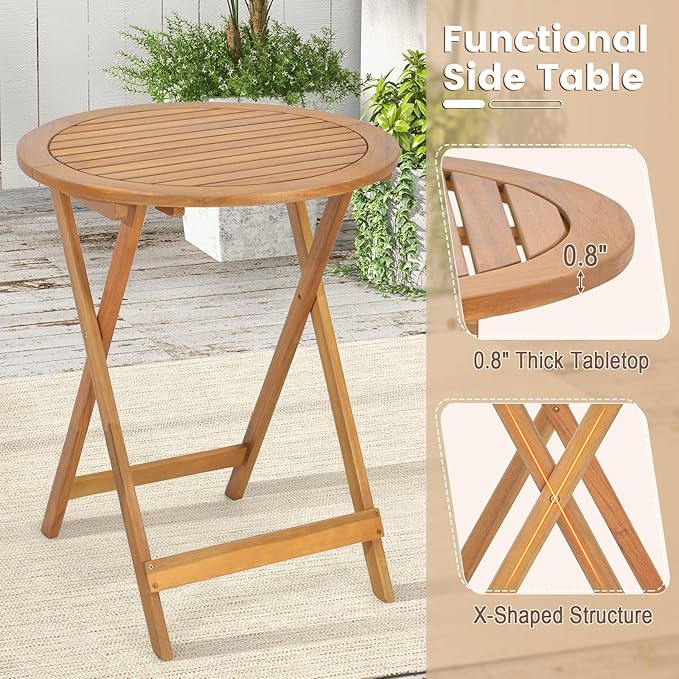 HAPPYGRILL Folding Patio Bistro Set Wood Chair Table Set with Slatted Acacia Wood Seat & Tabletop, Cozy High Back Chairs with Table, Outdoor Dining Set for Backyard, Poolside