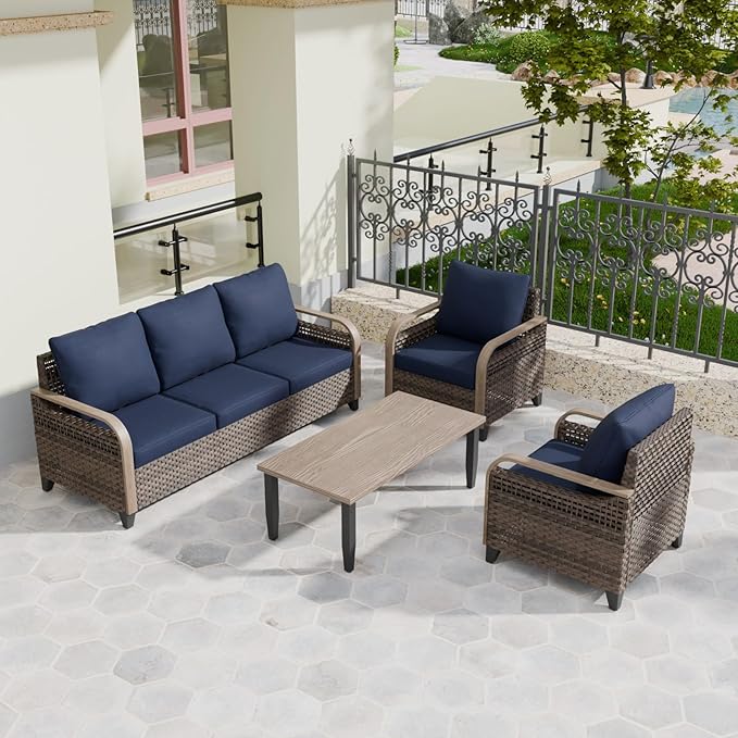 COOS BAY Modern Wicker Outdoor Furniture Set, Patio Conversation Set with Patio Chairs, 3 Seat Couch, and Side Table, 4 Piece, Brown/Blue