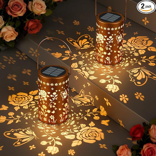 Butterfly Rose Solar Lanterns Outdoor: 2 Pack Hanging Metal LED Garden Lights Waterproof for Yard Patio Backyard - Birthday Christmas Gifts for Women Mom Grandma