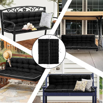 Porch Swing Cushion Three Seat, Waterproof Swing Cushions Replacement with Backrest, Outdoor Garden Furniture Patio 4" Thickened Cushions with Ties (Black, 40 x 55in)