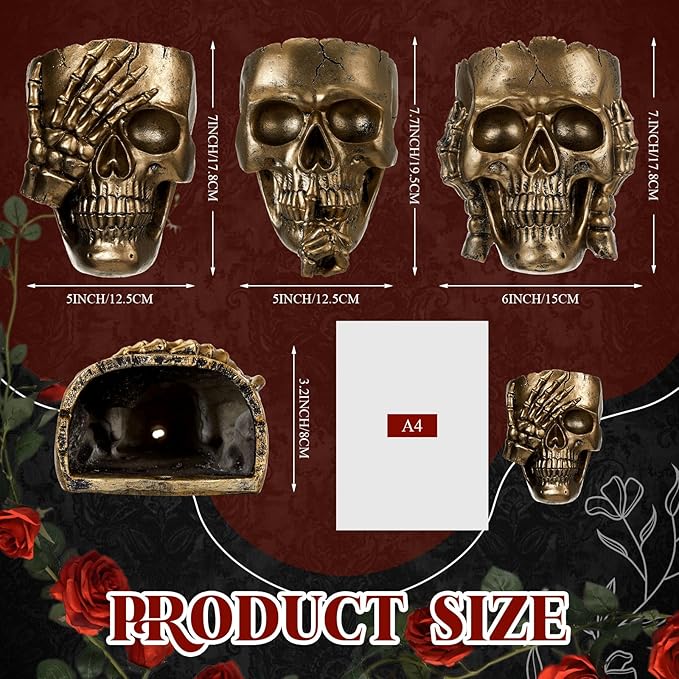 3 Pcs Skull Planter Skeleton Wall Hanging Planter Pot Gothic Spooky Head Face Flower Pot Garden Decor for Festival Party Indoor Outdoor Plants Home Garden Office Decorations(Gold)