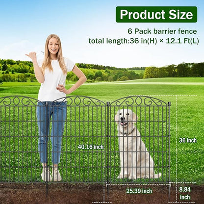 No Dig Decorative Garden Fence 6 Panel with Gate - 36in H x 12.1 ft L, Tall Animal Barrier for Dogs Rabbits, Rustproof Metal Wire Panels for Yard, Patio, and Outdoor Border Use