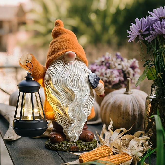 TERESA'S COLLECTIONS Fall Decor, Fall Gnome Decor, Autumn Garden Gnomes Holding Lantern with Solar Lights,Waterproof Resin Outdoor Fall Decor, Fall Gifts Outdoor/Indoor,8"