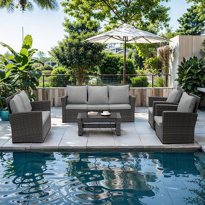 Wisteria Lane 5 Piece Patio Furniture Set, Wicker Outdoor Patio Conversation Furniture Set, All Weather Outdoor Patio Sofa with Cushion and Glass Table, Grey