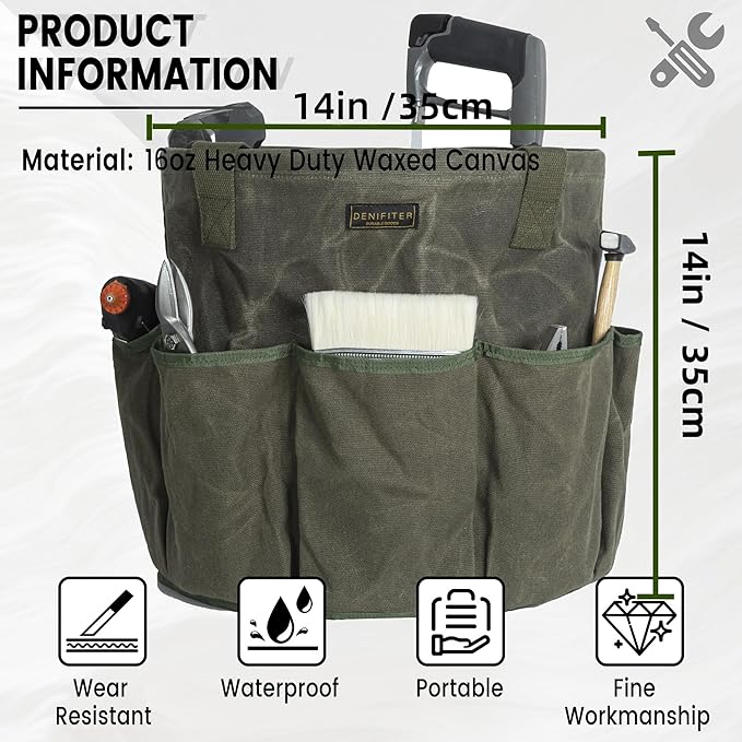 Professional 16oz Waxed Canvas Garden Tool Tote - Extra Large Waterproof Storage with 8 Pockets & Reinforced Base | Durable Carrying Case for Gardening, Landscaping & Outdoor Work