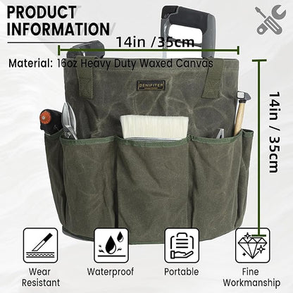 Professional 16oz Waxed Canvas Garden Tool Tote - Extra Large Waterproof Storage with 8 Pockets & Reinforced Base | Durable Carrying Case for Gardening, Landscaping & Outdoor Work