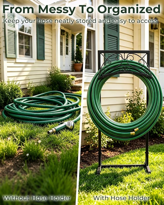 Garden Hose Holder Stand, Heavy Duty Freestanding Metal Rack | Reinforced Triangle Support, Dual Ground Stakes & Weather-Resistant Finish for Elegant Outdoor Storage