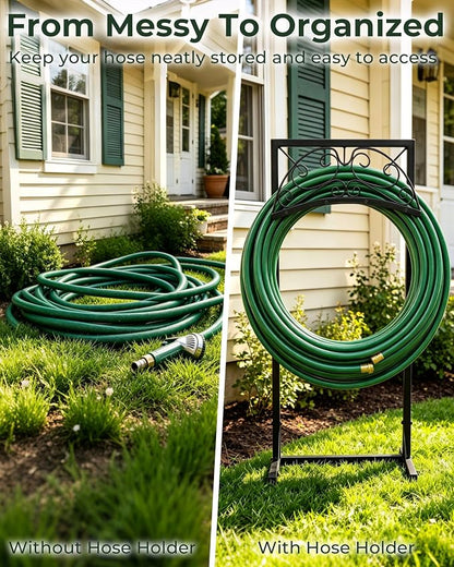 Garden Hose Holder Stand, Heavy Duty Freestanding Metal Rack | Reinforced Triangle Support, Dual Ground Stakes & Weather-Resistant Finish for Elegant Outdoor Storage