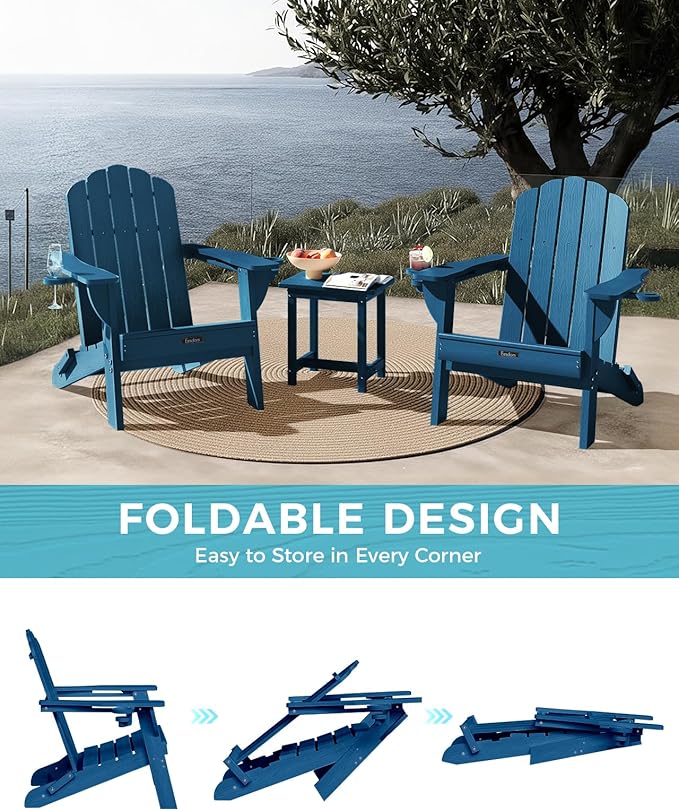 Folding Adirondack Chairs Set of 2,All-Weather HDPE Fire Pit Chair with 2 Cup Holders, Plastic Outdoor Chair for Patio Deck Garden Lawn, NavyBlue