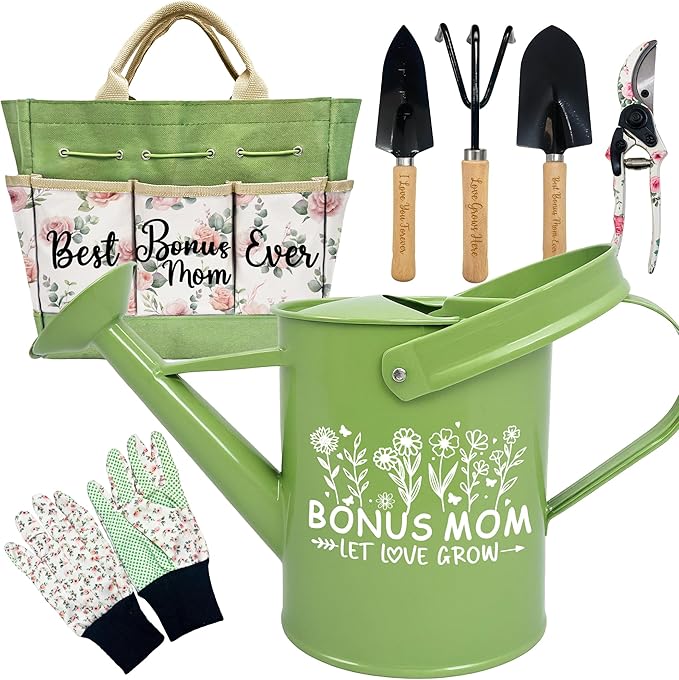 Bonus Mom Gifts, Garden Kit Mothers Day Bonus Mom Gifts from Bonus Daughter Floral Gardening Tools and Durable Garden Tools Organizer Tote, Gardening Set for Women on Birthday Plant Lover Present