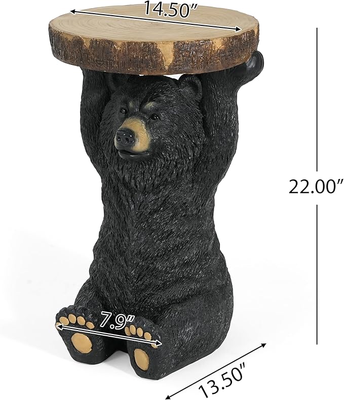 Christopher Knight Home Blitz Bear Outdoor Side Table, MGO Bear Statue with Display Tabletop, Hand Painted Sculpture, Cute Small End Table for Indoor/Outdoor, No Assembly Required, Black + Brown