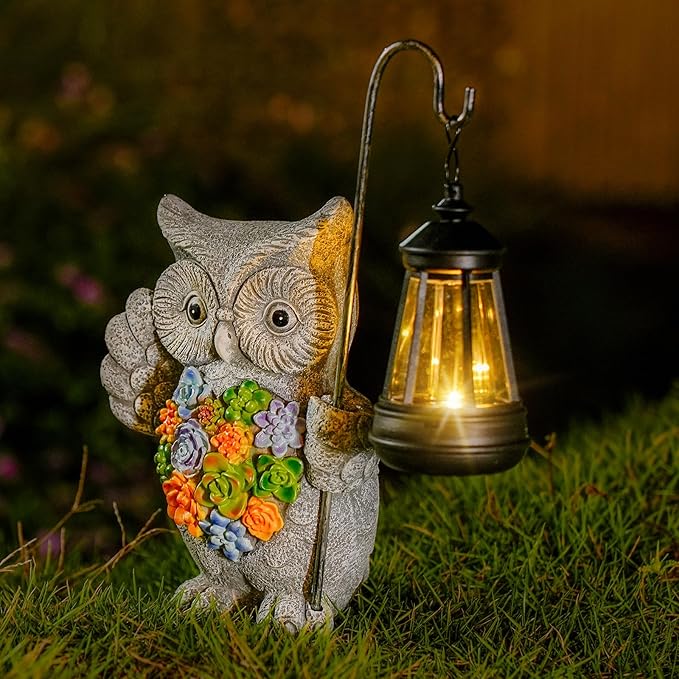 Solar Owl Garden Statue with Succulent Decor & Hanging Lantern – Outdoor Resin Decor for Patio, Yard, Balcony – Unique Gift for Women, Gardeners