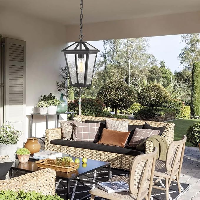 Outdoor Pendant Light for Porch, Exterior Hanging Lantern Outside Chandelier in Black Finish with Clear Glass, Ceiling Mount Outdoor Lighting for Entryway, Doorway, Farmhouse, Waterproof