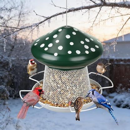 Bird Feeder, Heavy Duty Metal Bird Feeders for Outdoor Hanging, Cute Mushroom Shape Wild Birdfeeder for Outside Garden Yard (Green)