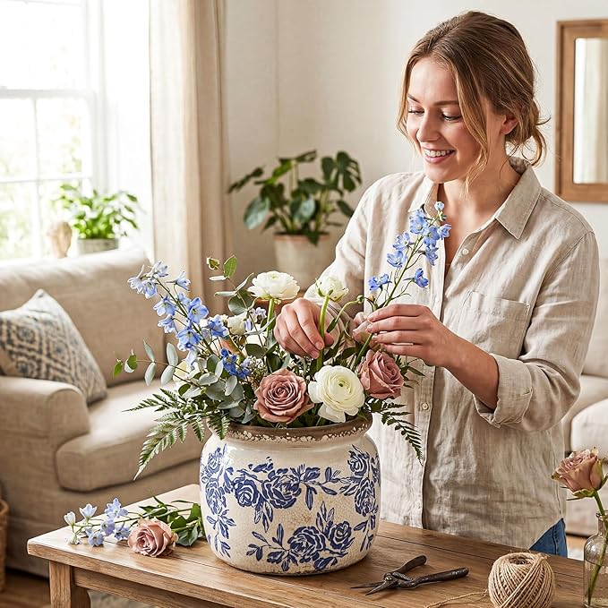 7.7" Large Vintage Ceramic Plant Pot Blue White Rose Crackle Glaze Rustic Flowers Pot Decorative Planter with Drainage for Indoor Outdoor Plants Kitchen Office Home Decor Gift