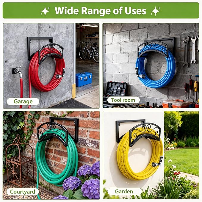 BOLITE Garden Hose Holder Wall Mount, Heavy Duty Metal Water Hose Holder for Outside, Hose Storage Holds 150FT Water Pipe for Yard, Lawn, Garden, Farm, Gifts for Women Men