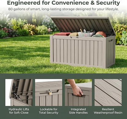80 Gallon Deck Box, Waterproof Resin Outdoor Storage Box Lockable for Patio Furniture, Fade Resistant Patio Side Table & Organizer for Garden Tools, Pool Floats, Outdoor Cushions, Light Coffee