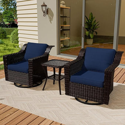 VistaVibe 3 Pieces Outdoor Patio Conversation Furniture Set - 360 Degree Swivel Glider Rocker Chairs | Wicker End Table, Washable Cushions, Hand-Woven PE Rattan, Lawn, Sunroom (Brown/Navy)