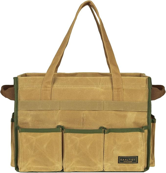 Canvas Tool Bag, 16OZ Waxed Canvas Tool Tote Bag with Metal Zipper & 12-Pocket Design, Multi-Purpose Garden Tool Storage Tote for Electrician Gardener Plumber | Khaki | 14.5"L x 7.5"W x 10"H