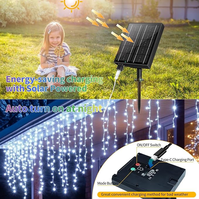 Solar Icicle Lights for Outside - 82Ft 660 LED Solar Powered Christmas Lights Outdoor Waterproof with Remote, Cool White LED Icicle String Lights for Halloween Wedding Patio Balcony Roof Decor